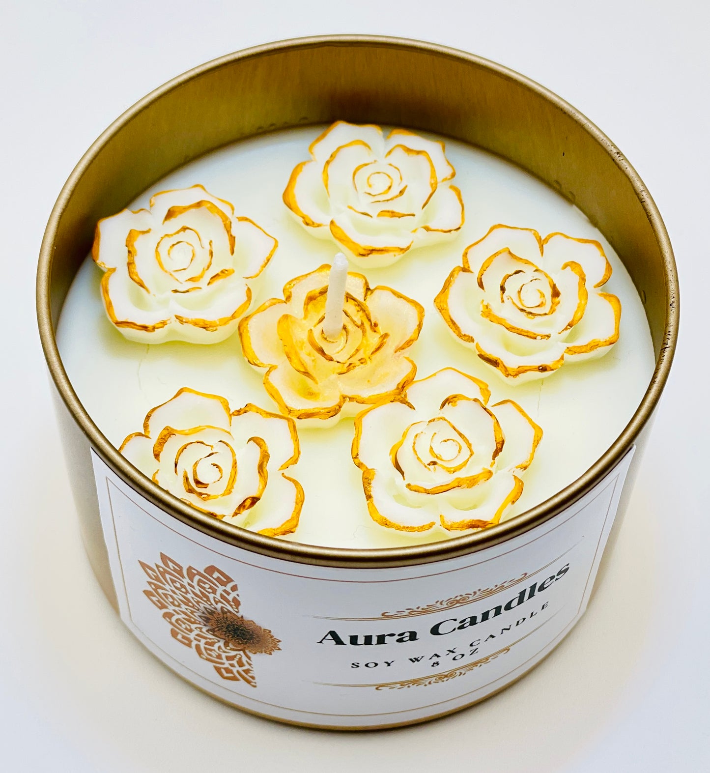 Hand-Poured Soy Wax Scented Candle decorated with roses