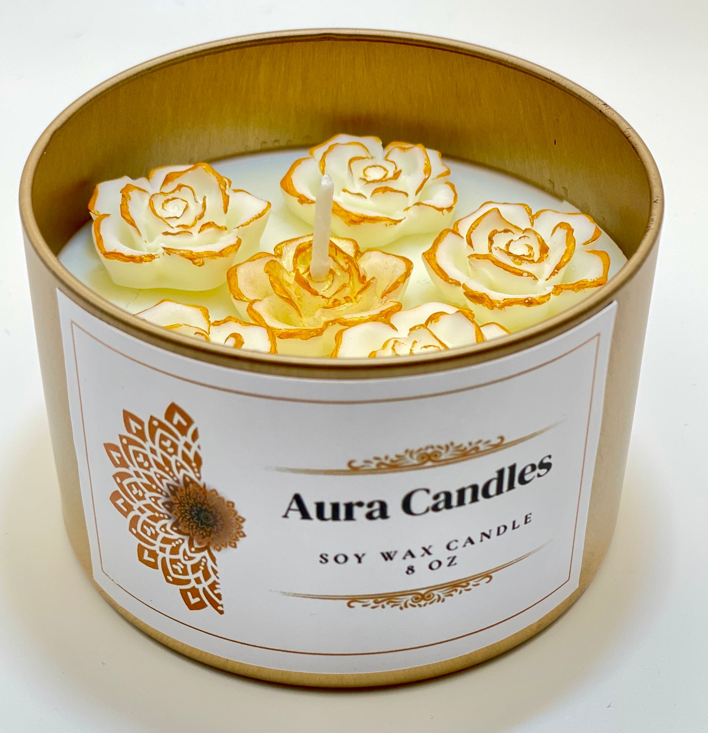 Hand-Poured Soy Wax Scented Candle decorated with roses