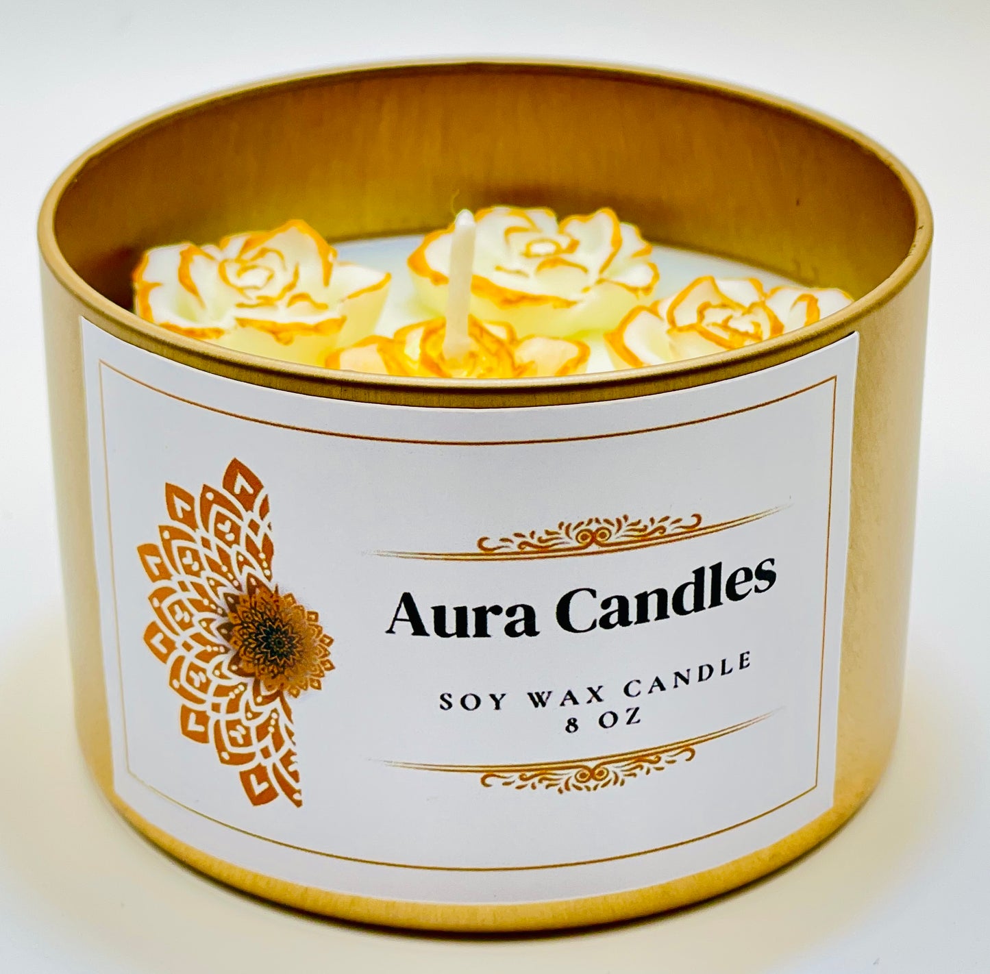 Hand-Poured Soy Wax Scented Candle decorated with roses