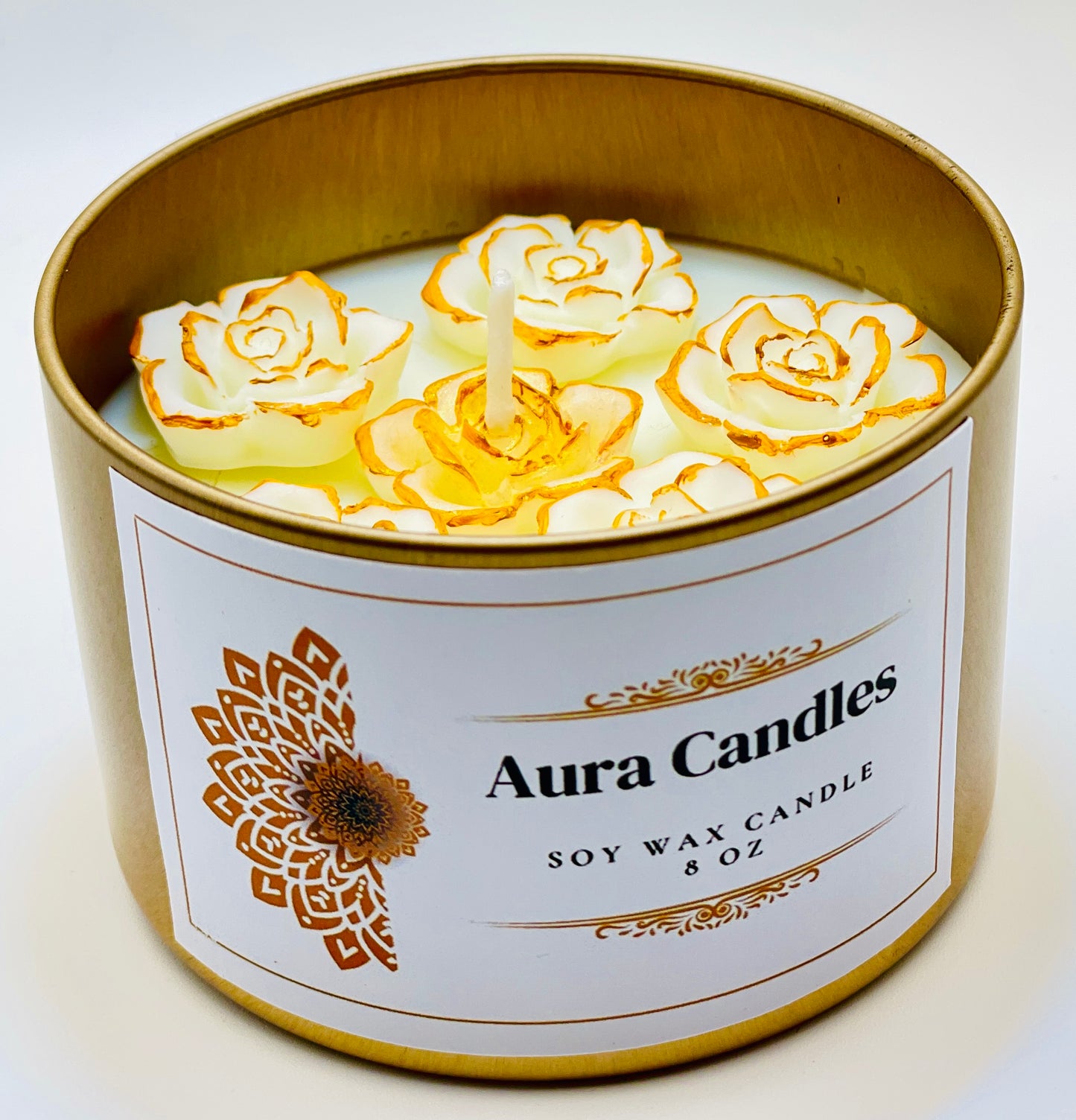 Hand-Poured Soy Wax Scented Candle decorated with roses