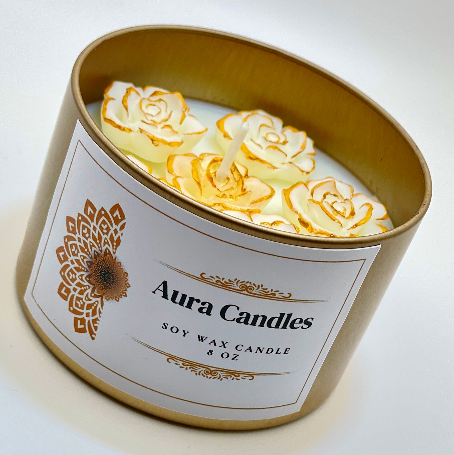 Hand-Poured Soy Wax Scented Candle decorated with roses