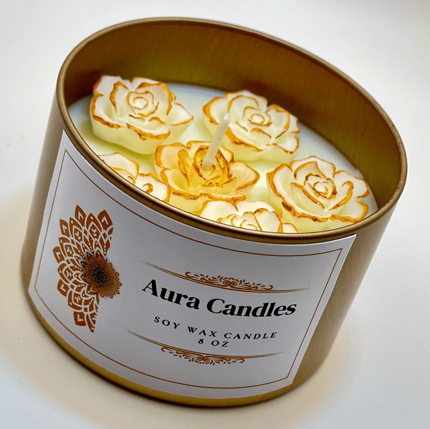 Hand-Poured Soy Wax Scented Candle decorated with roses
