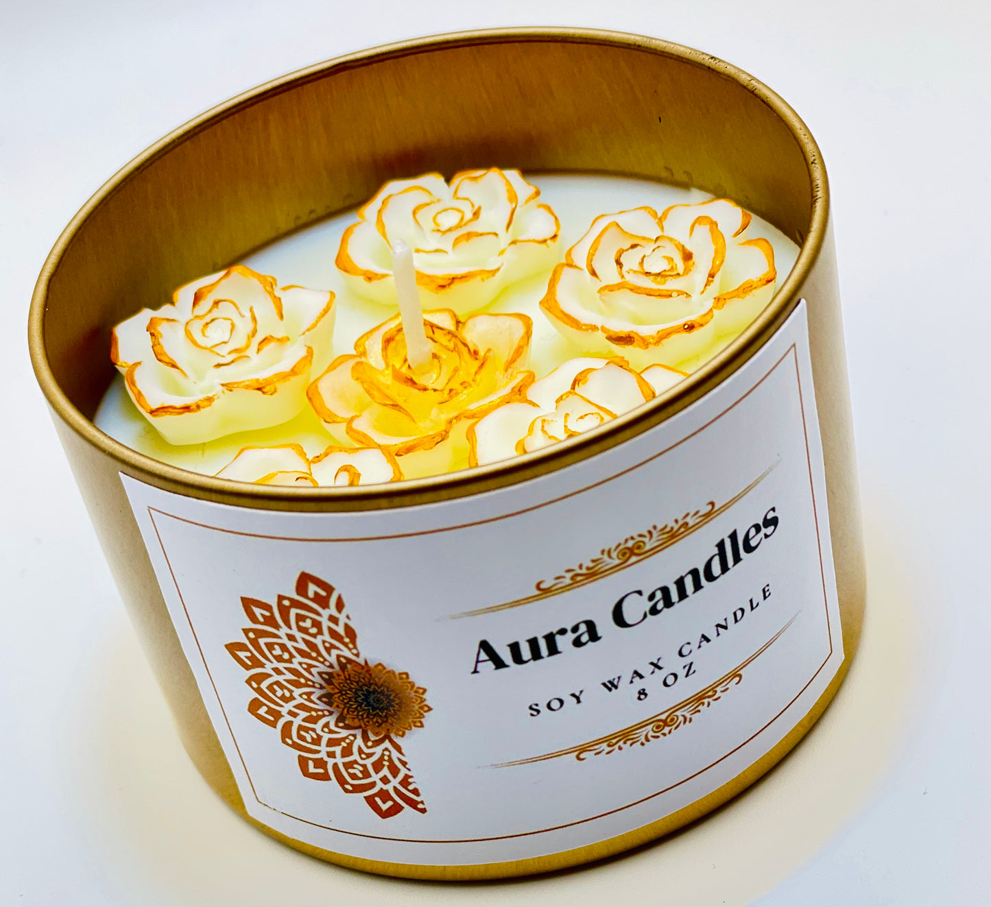 Hand-Poured Soy Wax Scented Candle decorated with roses