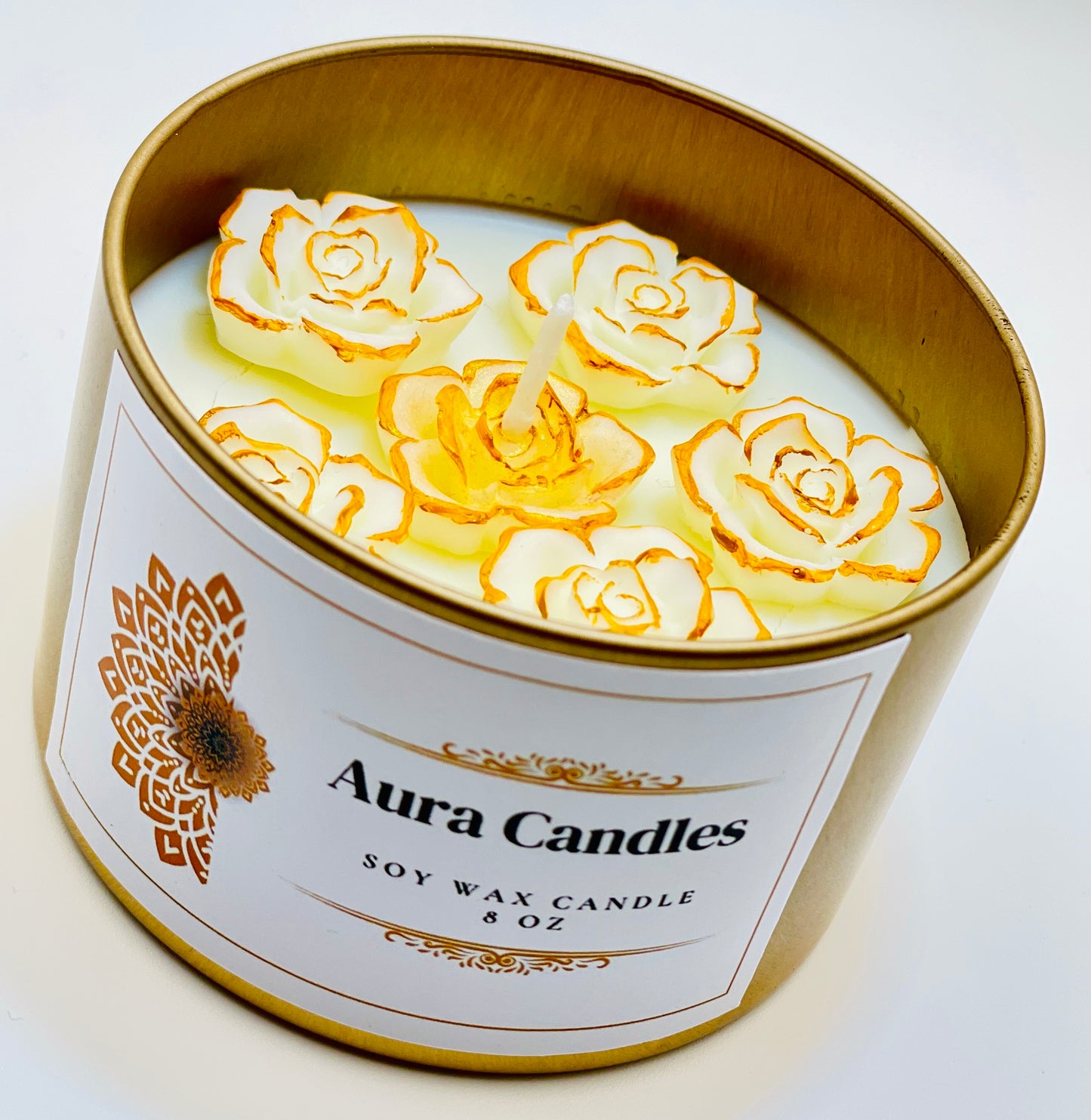 Hand-Poured Soy Wax Scented Candle decorated with roses
