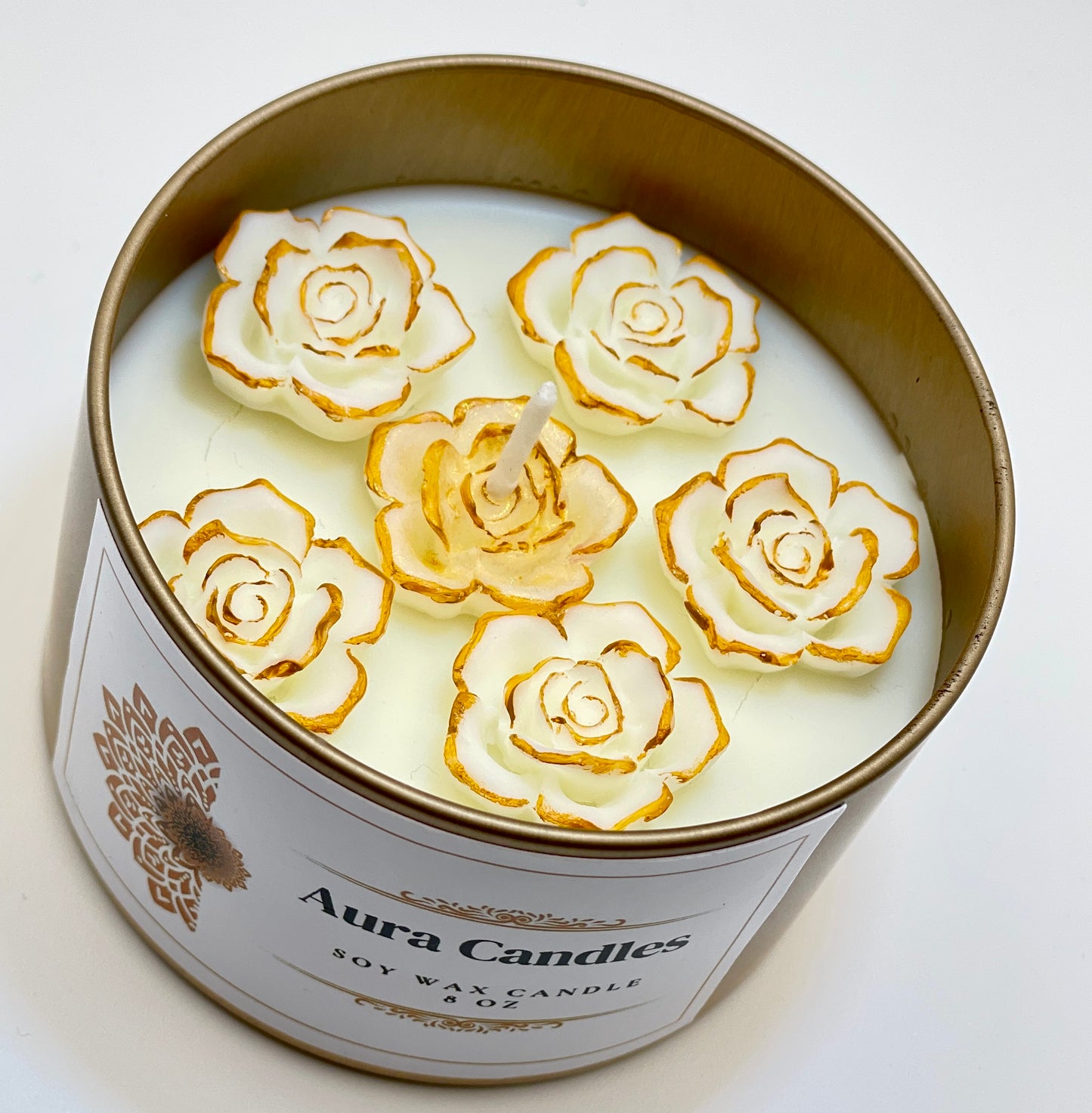 Hand-Poured Soy Wax Scented Candle decorated with roses