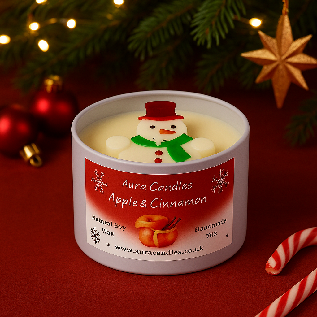 Hand-poured soy wax Apple & Cinnamon Snowman Decorated Candle
