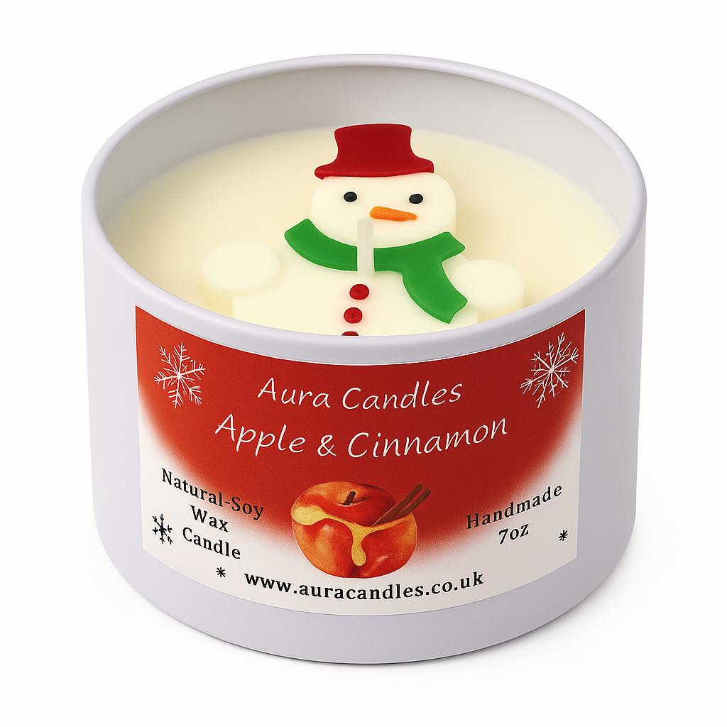 Hand-poured soy wax Apple & Cinnamon Snowman Decorated Candle