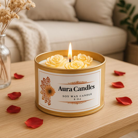 Hand-Poured Soy Wax Scented Candle decorated with roses