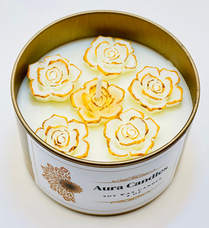 Hand-Poured Soy Wax Scented Candle decorated with roses