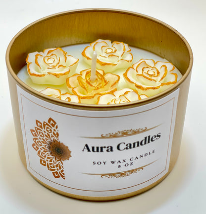 Hand-Poured Soy Wax Scented Candle decorated with roses