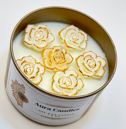 Hand-Poured Soy Wax Scented Candle decorated with roses